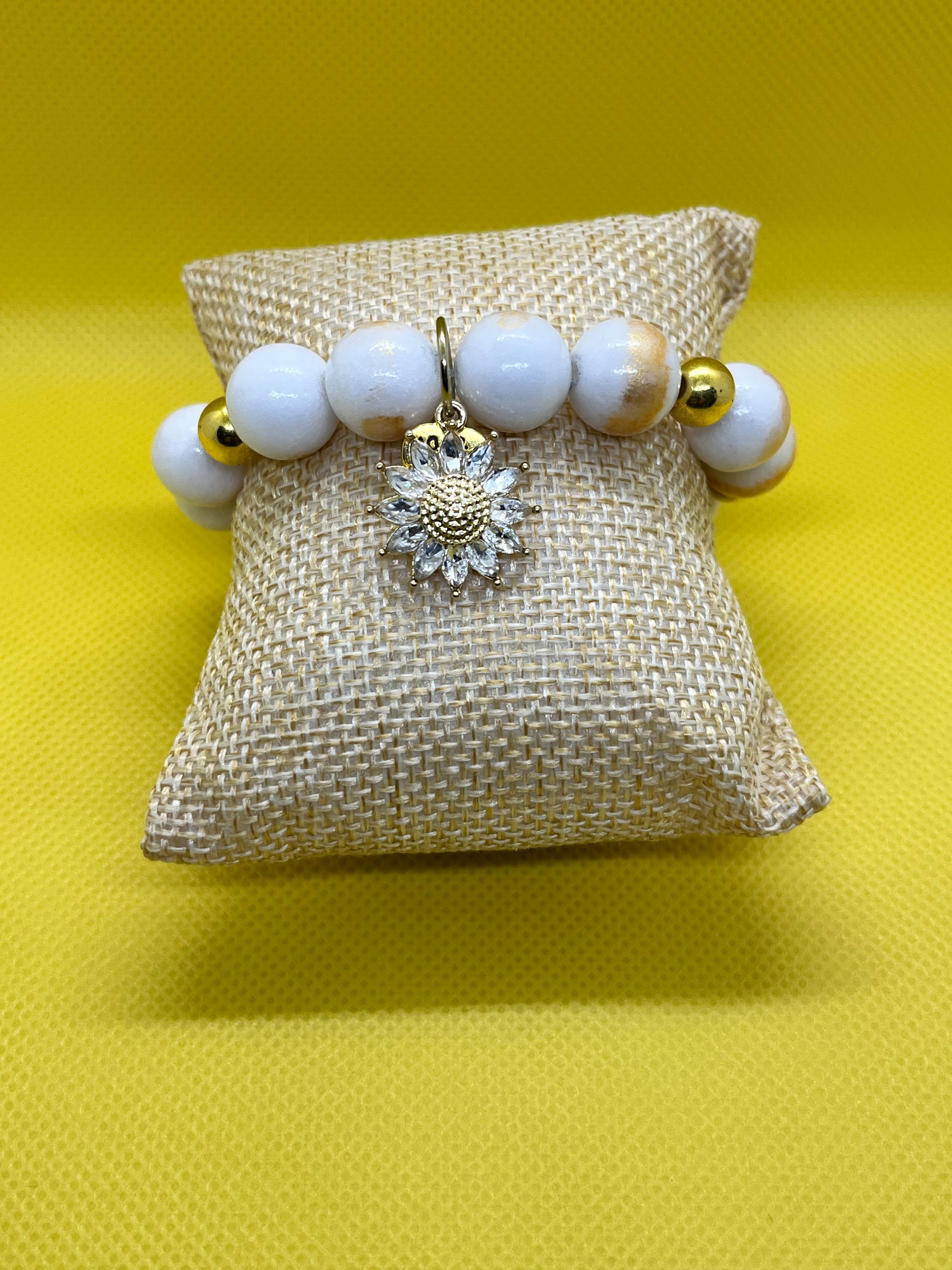White & Gold Marbled Jasper Flower Bracelet