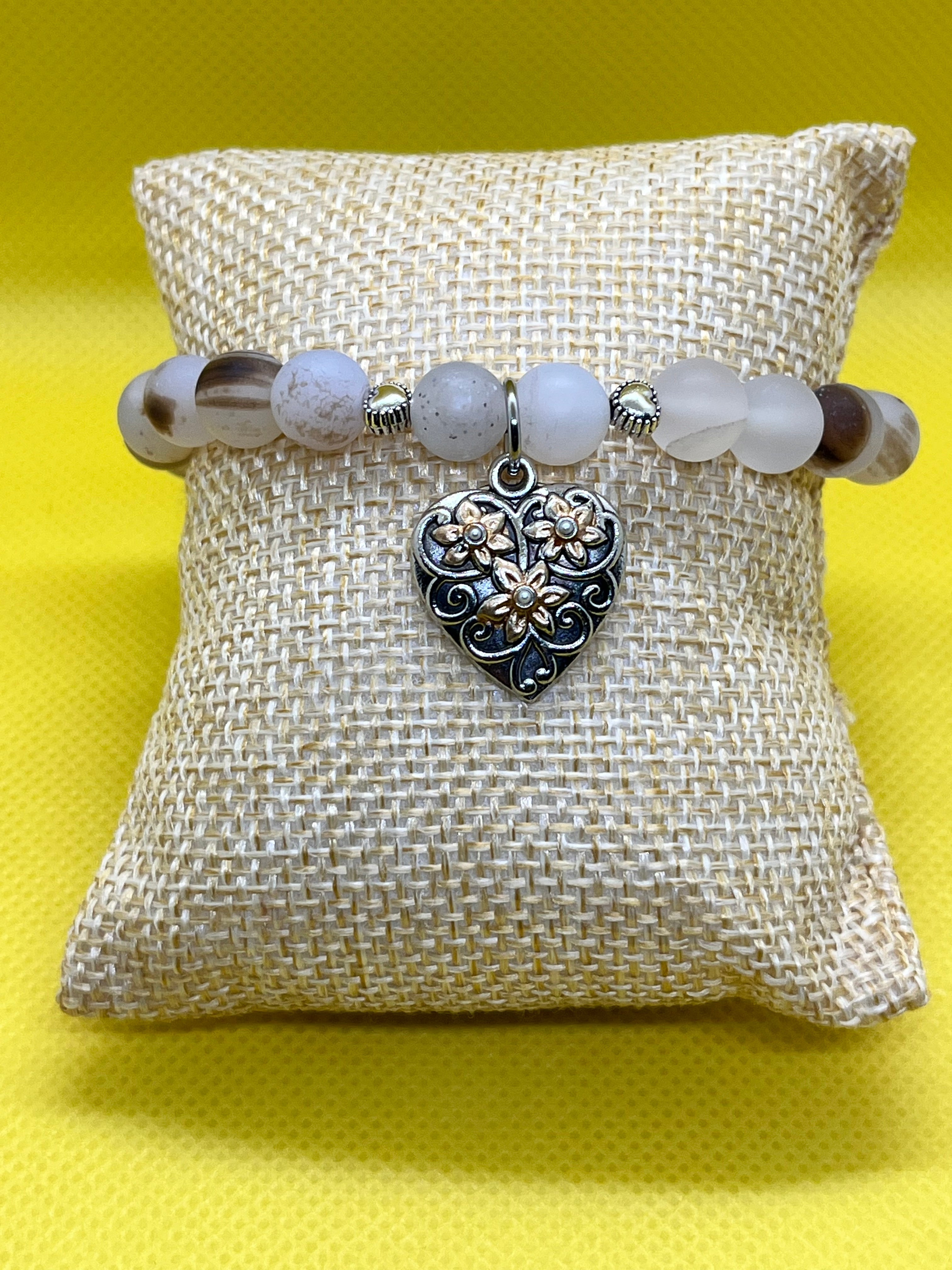 Flower Agate Floral Heart Charm Bracelet