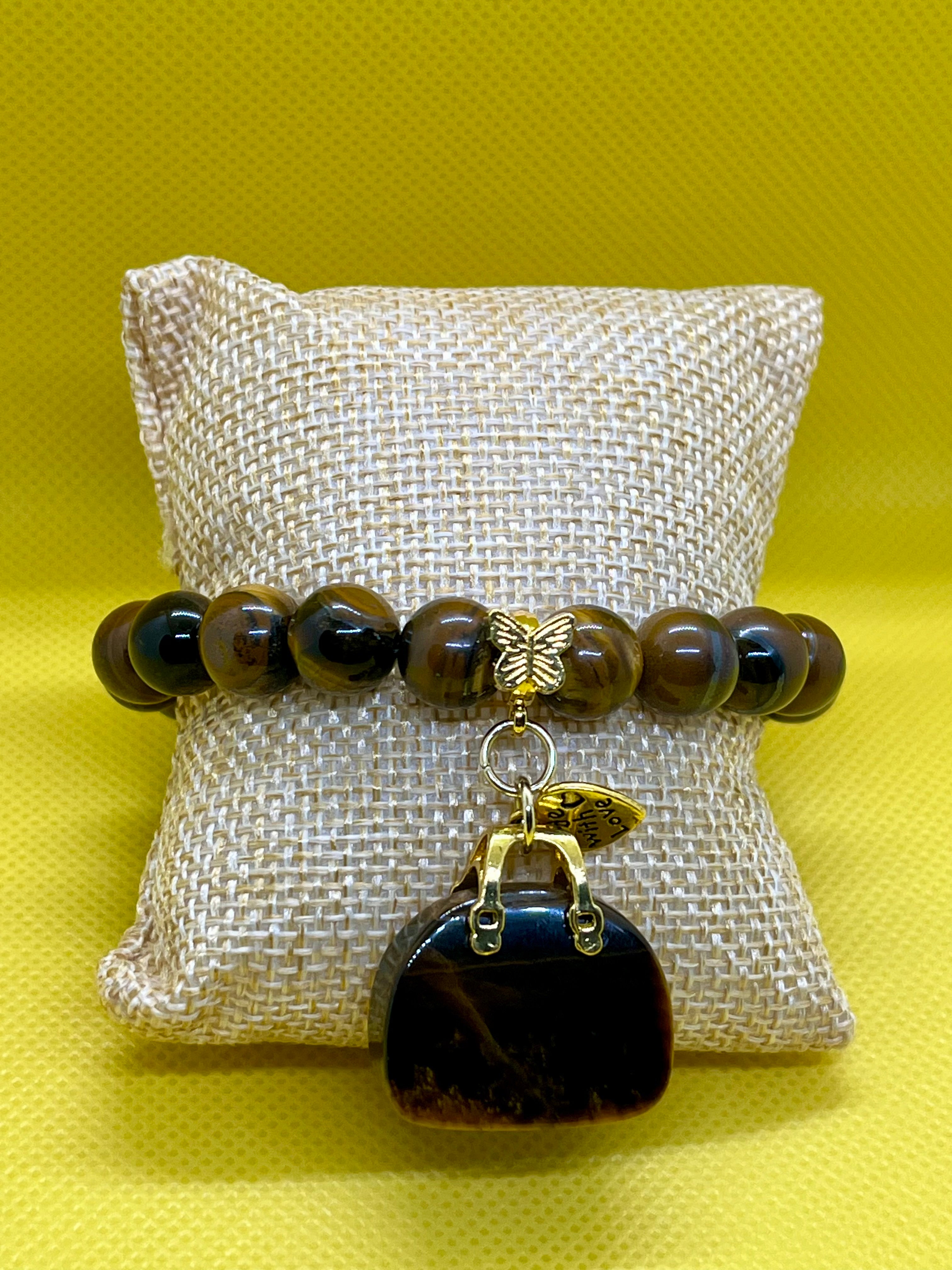 "Handmade Tiger's Eye gemstone beaded bracelet with charm, String & Soul"