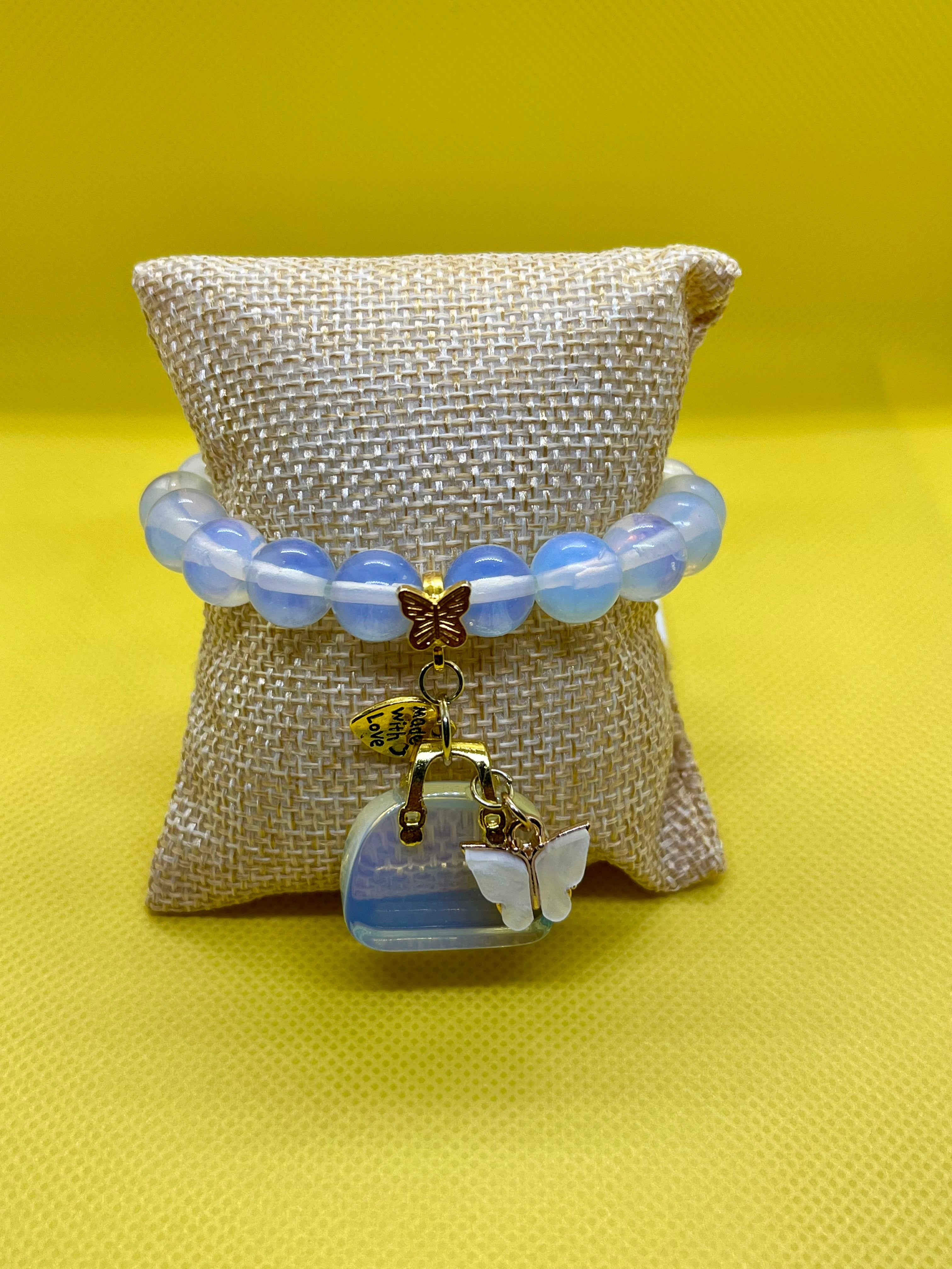 "Handmade White Opal natural stone beaded bracelet with charm, String & Soul"