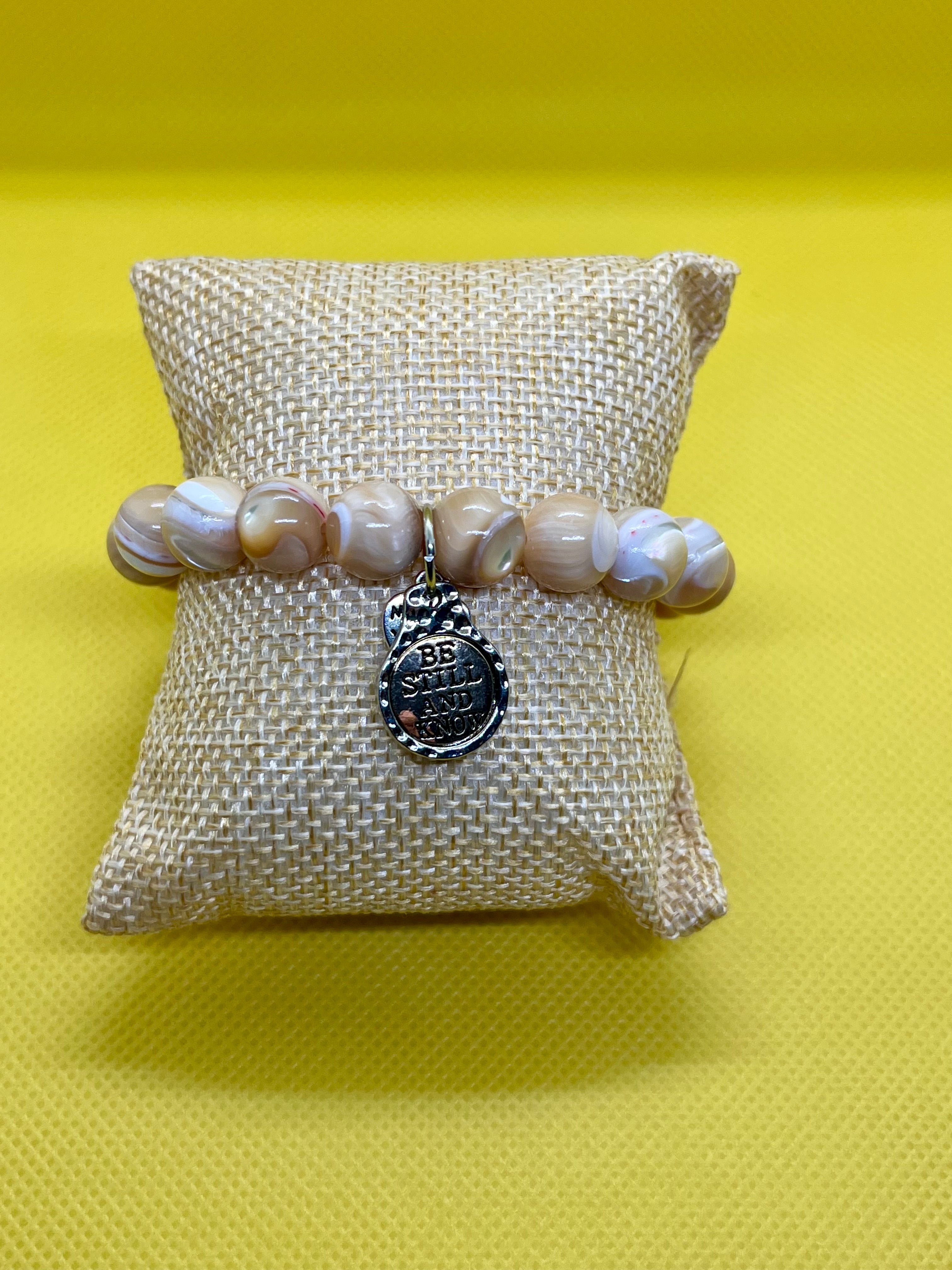 "Handmade Mother of Pearl natural stone beaded bracelet with charm, String & Soul"