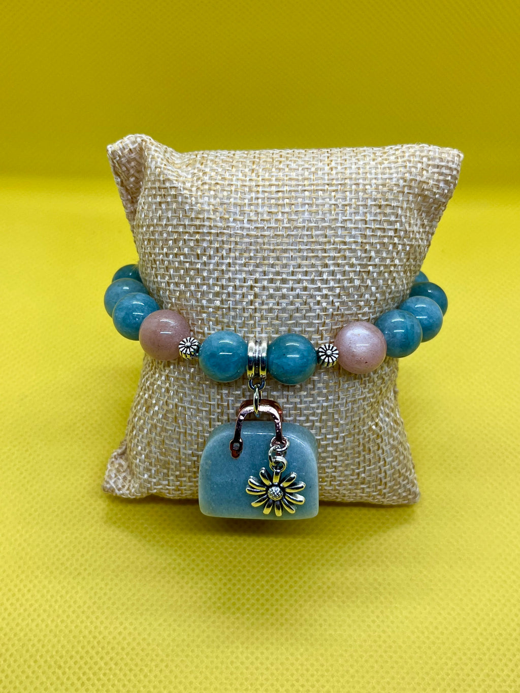 "Handmade Burmese Jade and Yellow Sunstone beaded bracelet with silver sunflower charm, String & Soul"