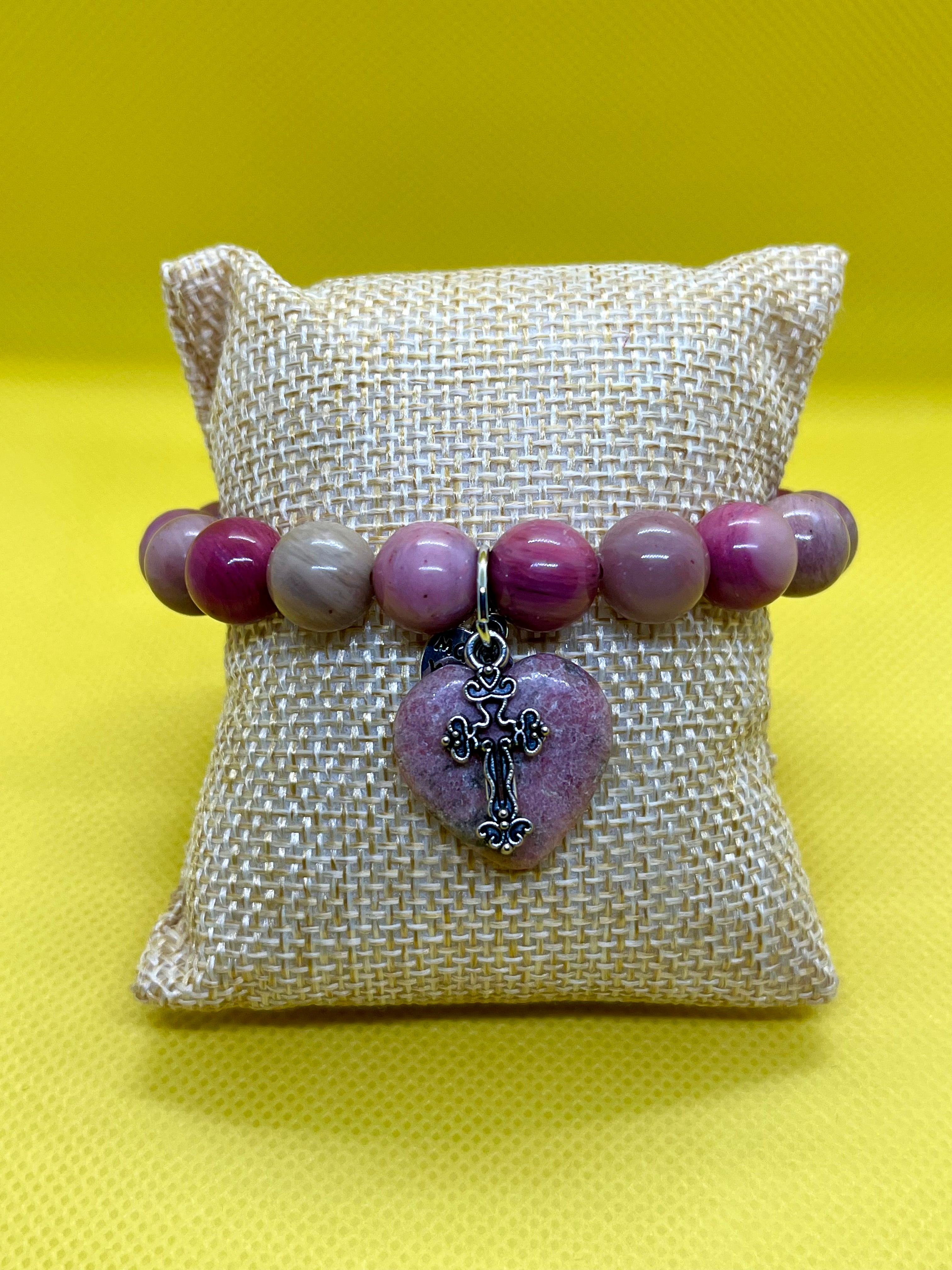 "Handmade Pink Rhodonite natural stone beaded bracelet with Made with Love charm, String & Soul"