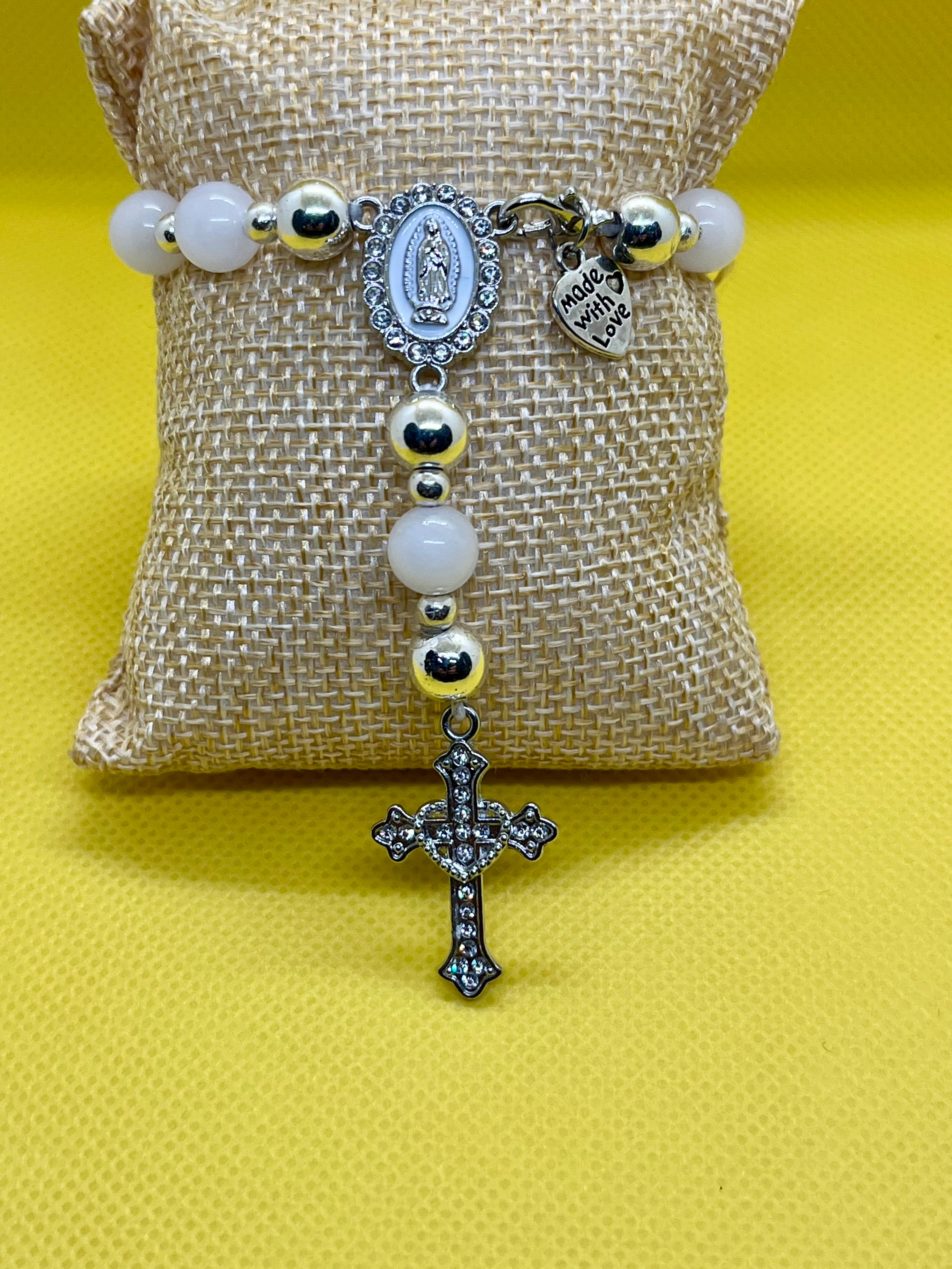 "Handmade White Jade five decade rosary with crucifix, String & Soul"