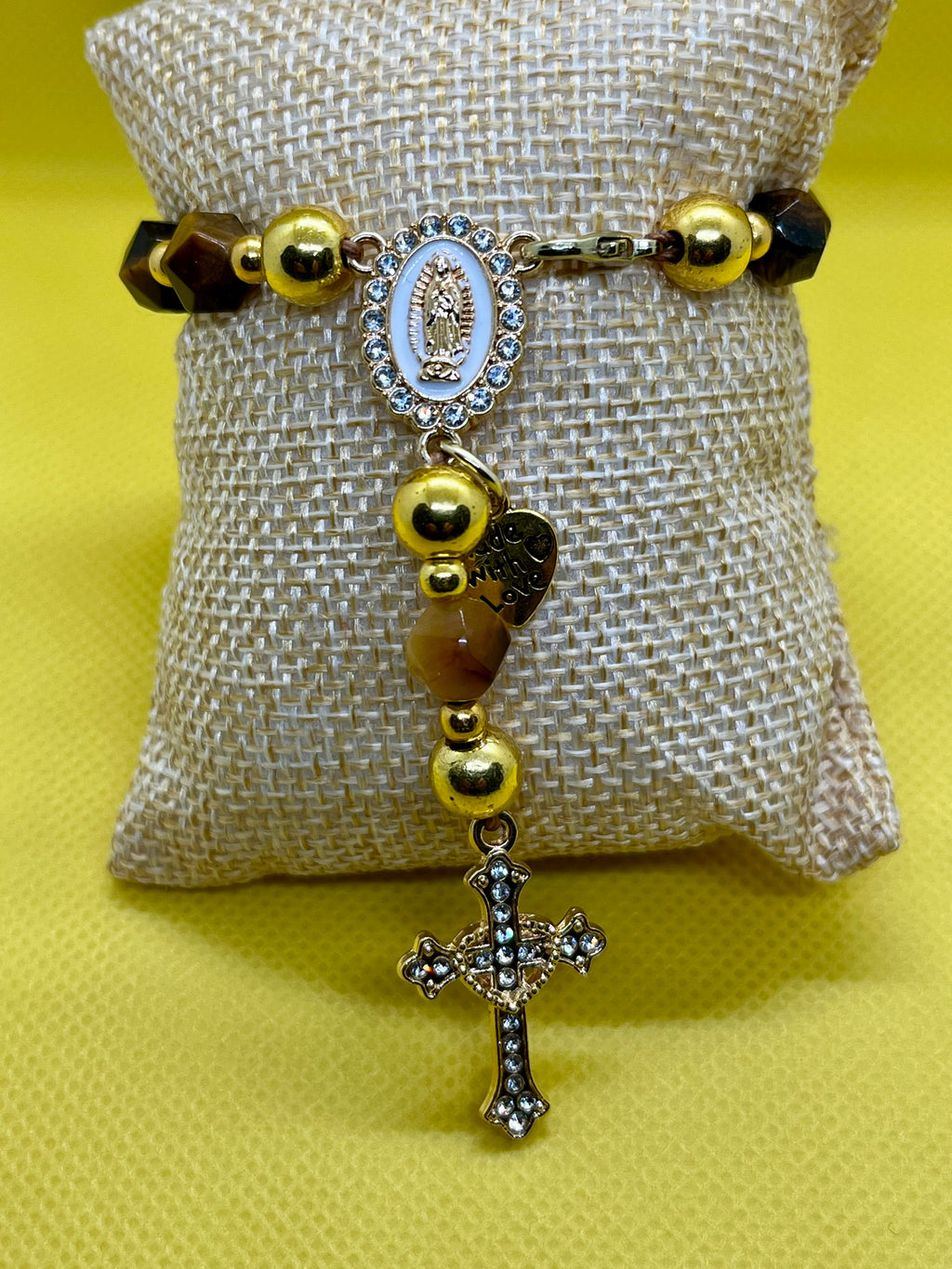 "Handmade Yellow Tiger's Eye five decade rosary with crucifix, String & Soul"