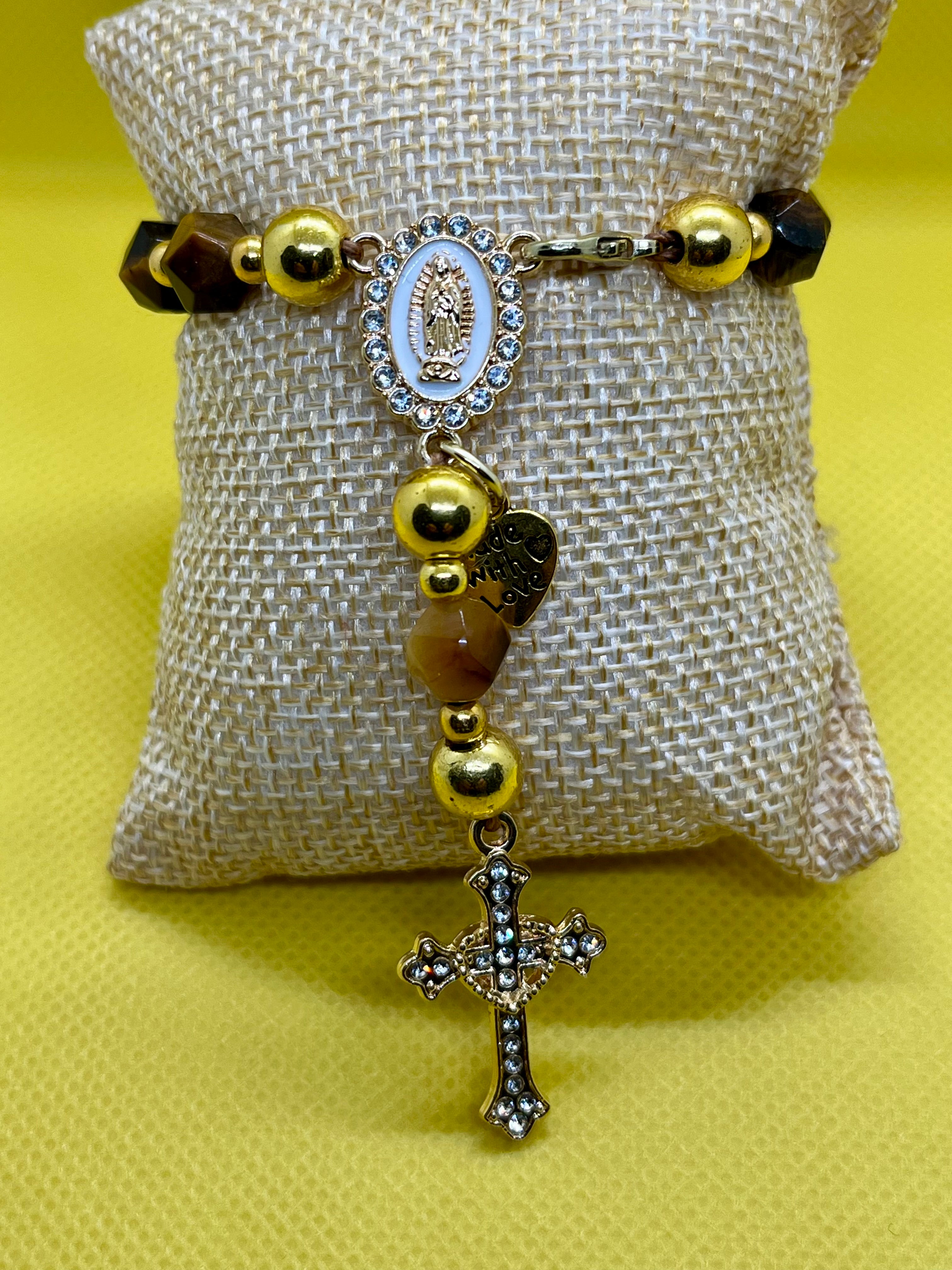 "Handmade Yellow Tiger's Eye five decade rosary with crucifix, String & Soul"