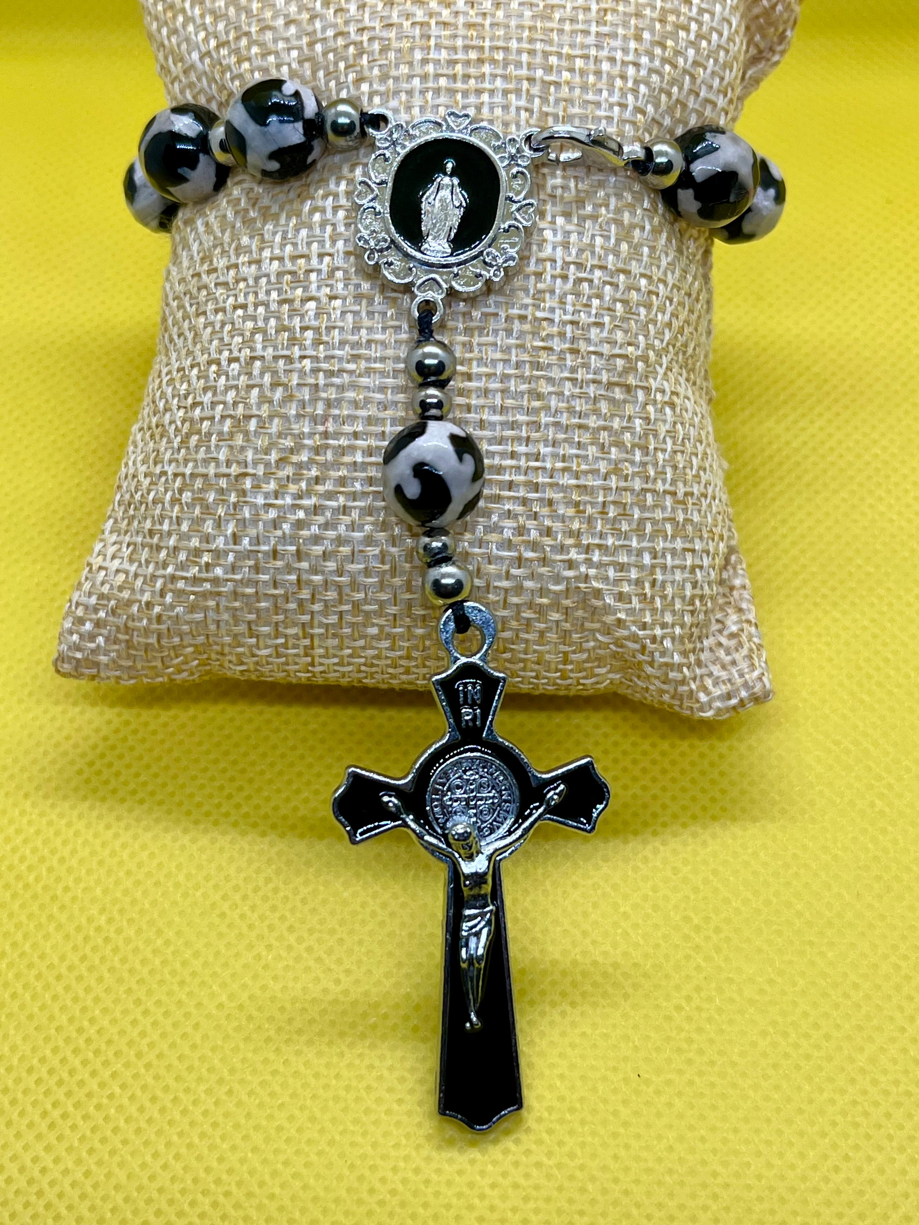 "Handmade Tibetan Dzi Agate five decade rosary with crucifix, String & Soul"