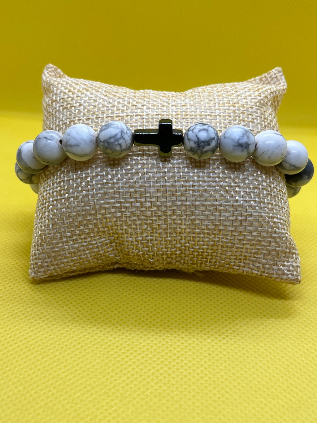 "Handmade White Howlite stone beaded bracelet with Black Natural Stone side cross, String & Soul"
