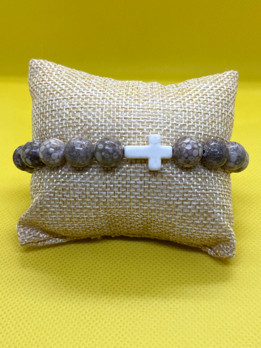 "Handmade Maifanitum stone beaded bracelet with White Turquoise side cross, String & Soul"