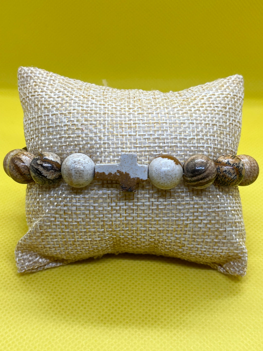 "Handmade Picture Jasper stone beaded bracelet with Picture Jasper side cross, String & Soul"