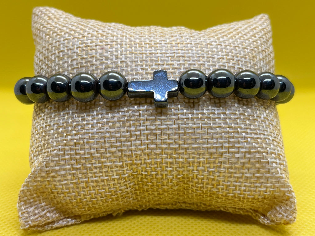 "Handmade Black Hematite beaded bracelet with Black Hematite side cross, String & Soul"