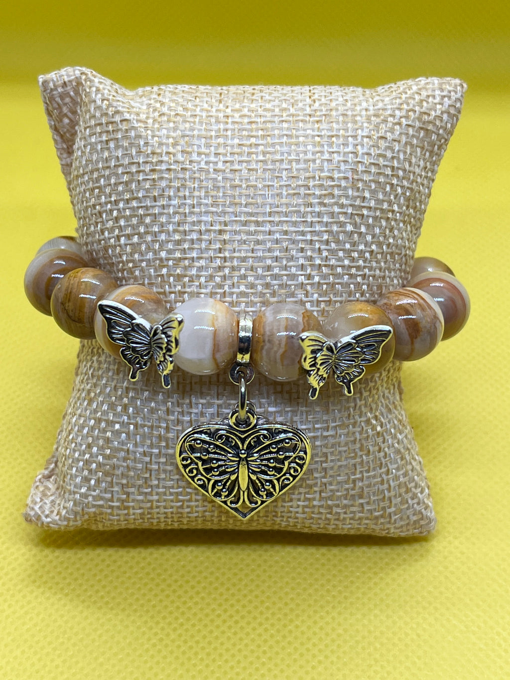 "Handmade Cream and Brown Jade Butterfly beaded bracelet with butterfly charm, String & Soul"
