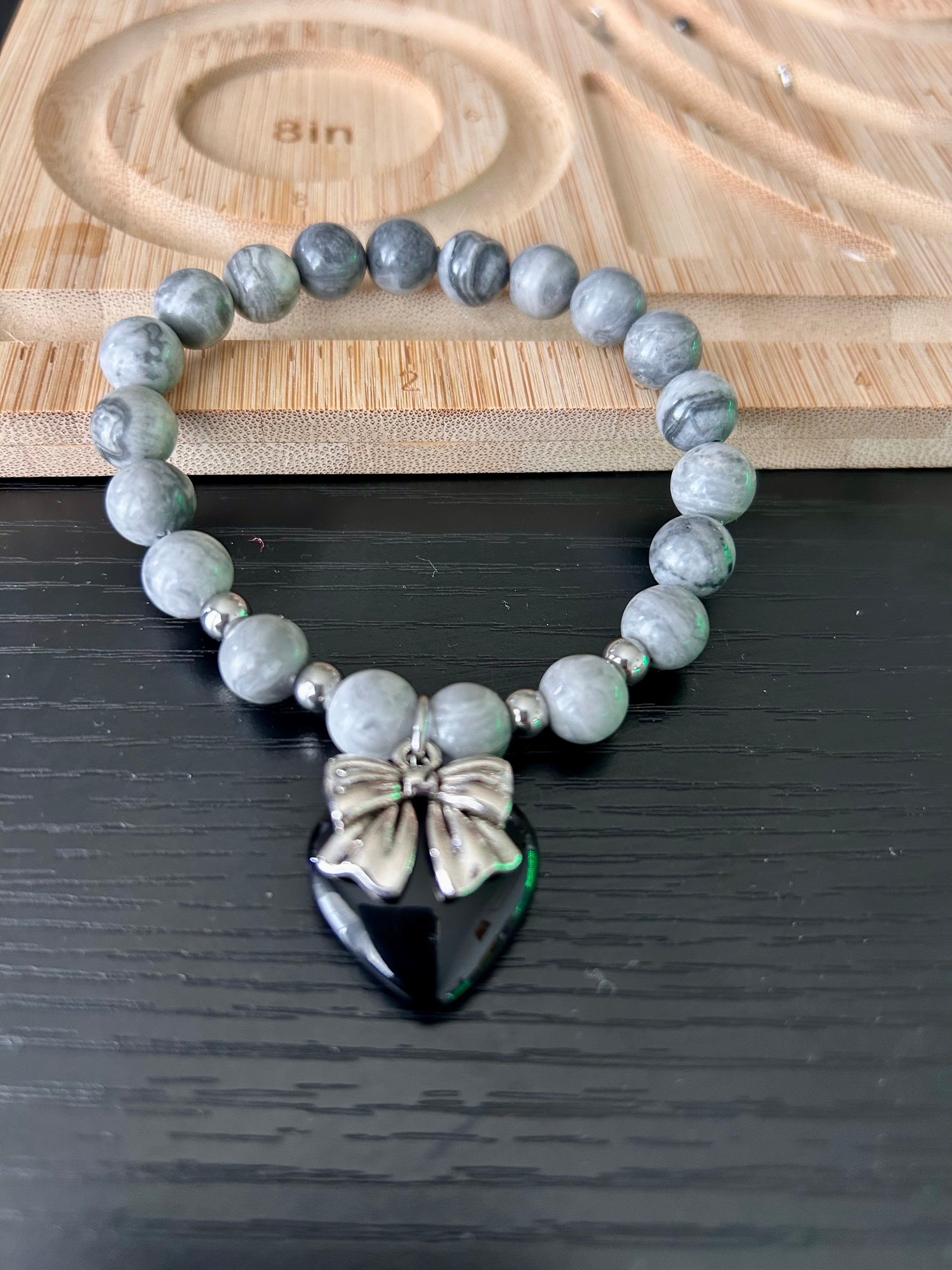 Map Stone Bow & Heart Charm Bracelet