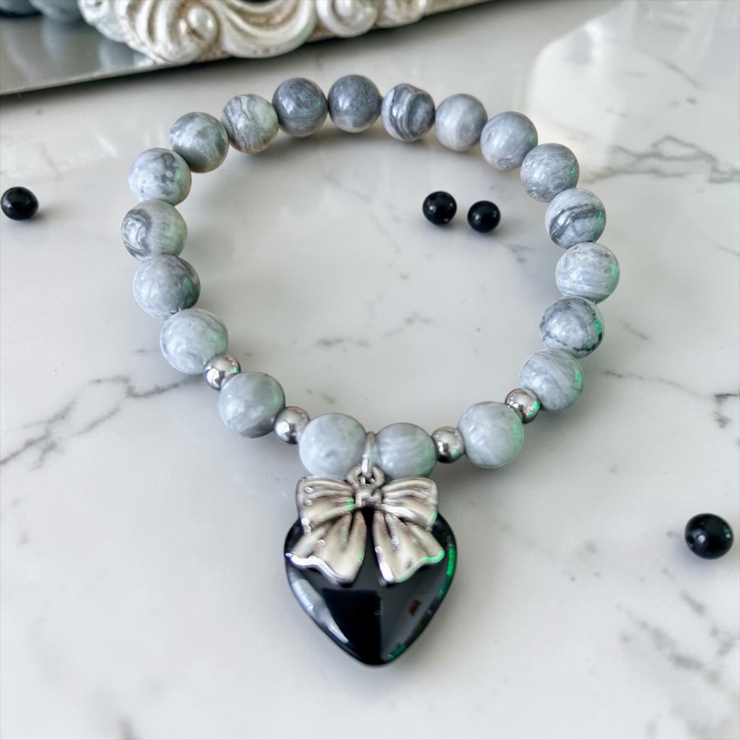 Map Stone Bow & Heart Charm Bracelet