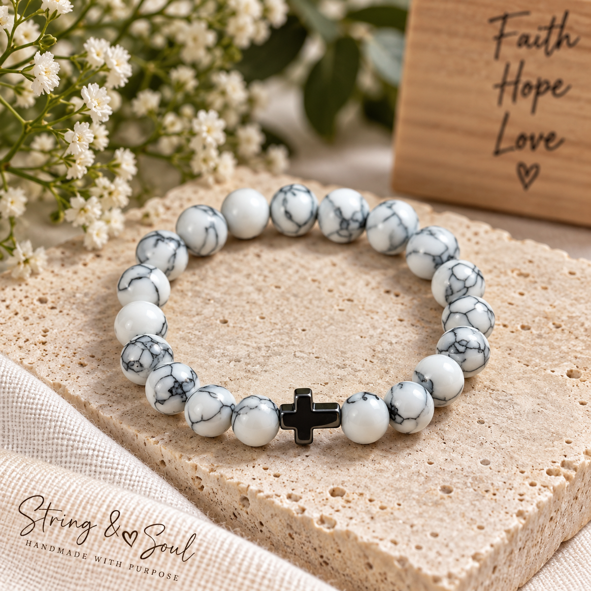 Still Waters – White Howlite Cross Bracelet