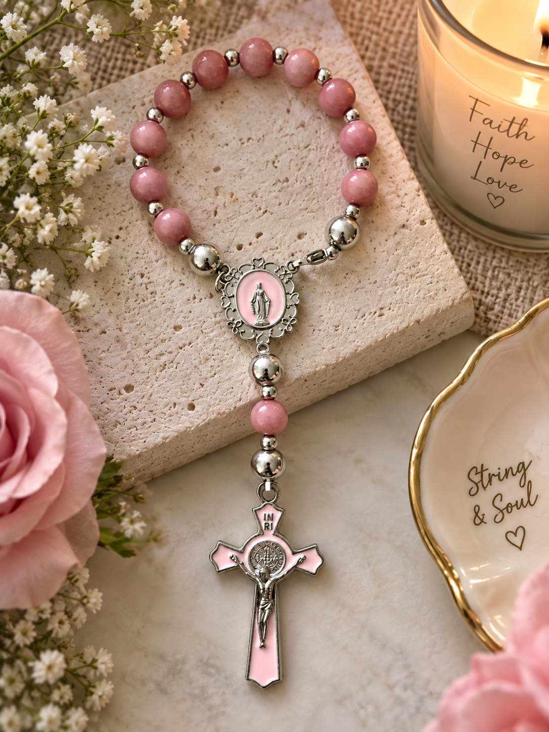 Tender Grace – Pink Rose Chalcedony Rosary