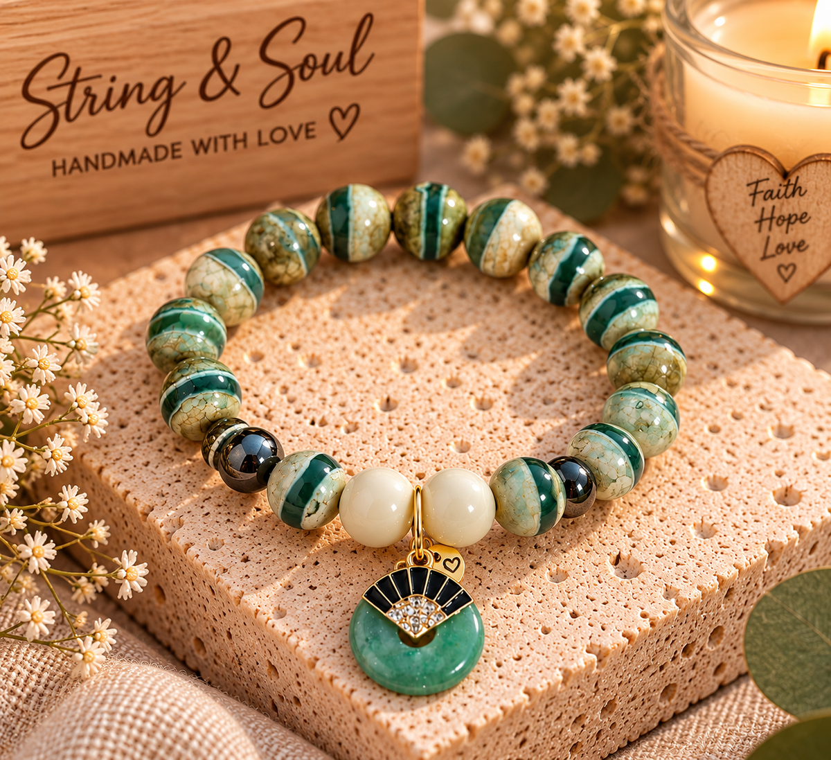 Green Angelite & Agate Fan Charm Bracelet