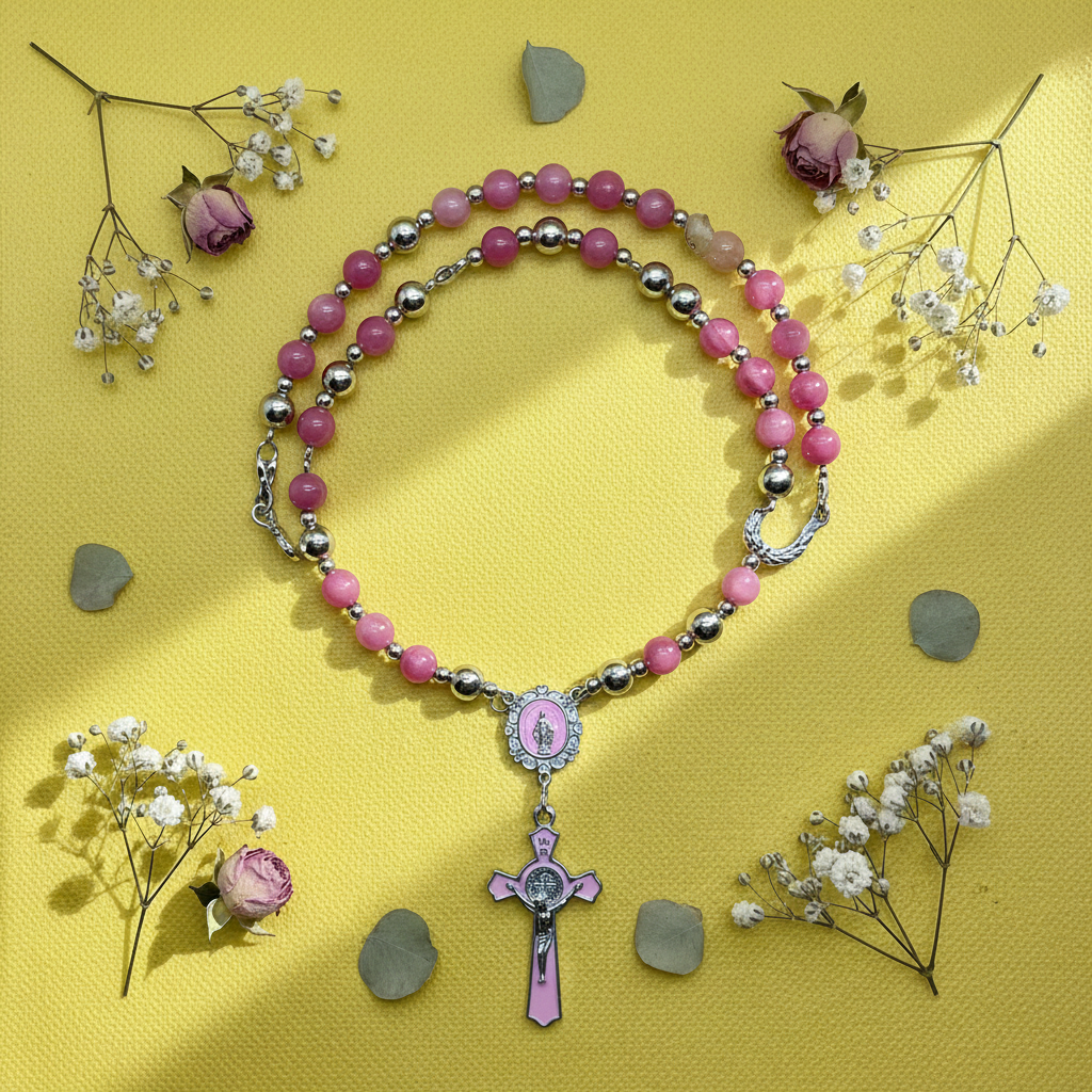 Pink Chalcedony Rosary Flat Lay