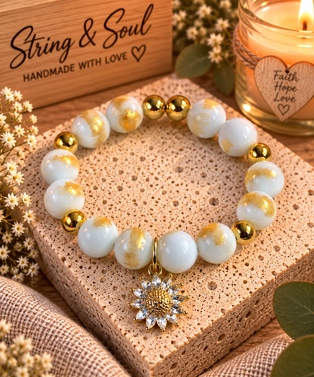 White & Gold Marbled Jasper Flower Bracelet
